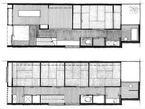 A floor plan of a building with multiple rooms, including a kitchen, bathroom, and living area. - A very special tea house: Ochaya Hasu (Kyoto)