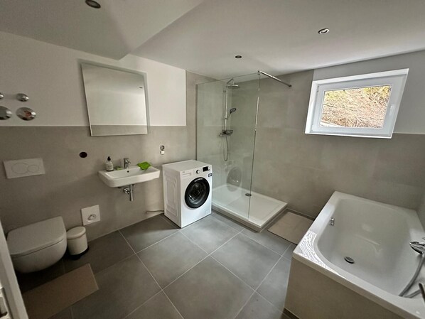 Hair dryer, towels, soap, toilet paper