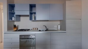 Een moderne keuken met inbouw kasten, een roestvrijstalen fornuis en een vaatwasser.