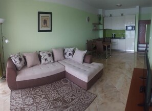 Ein Wohnzimmer mit Ecksofa, einem gemusterten Teppich, einer Essecke mit Stühlen, einer Küche mit Schränken und einem Flachbildfernseher.