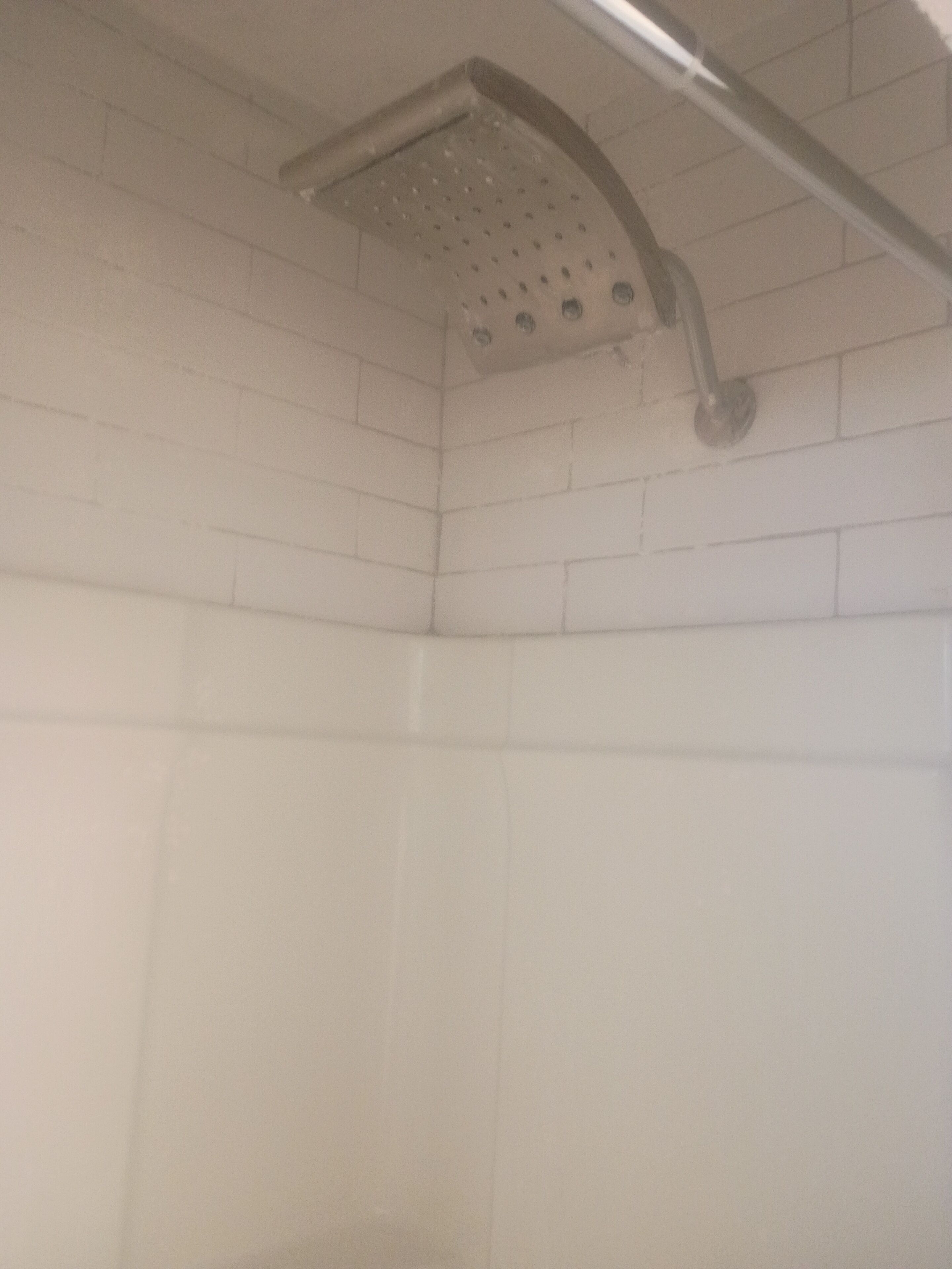Eine Dusche mit gebogener Deckenbrause und einem wandmontierten Wasserhahn.