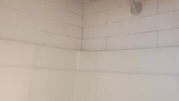Eine Dusche mit gebogener Deckenbrause und einem wandmontierten Wasserhahn.