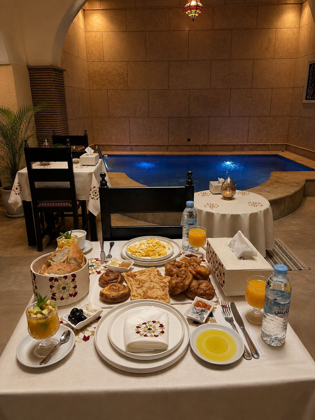 A breakfast setup with a pool in the background.
