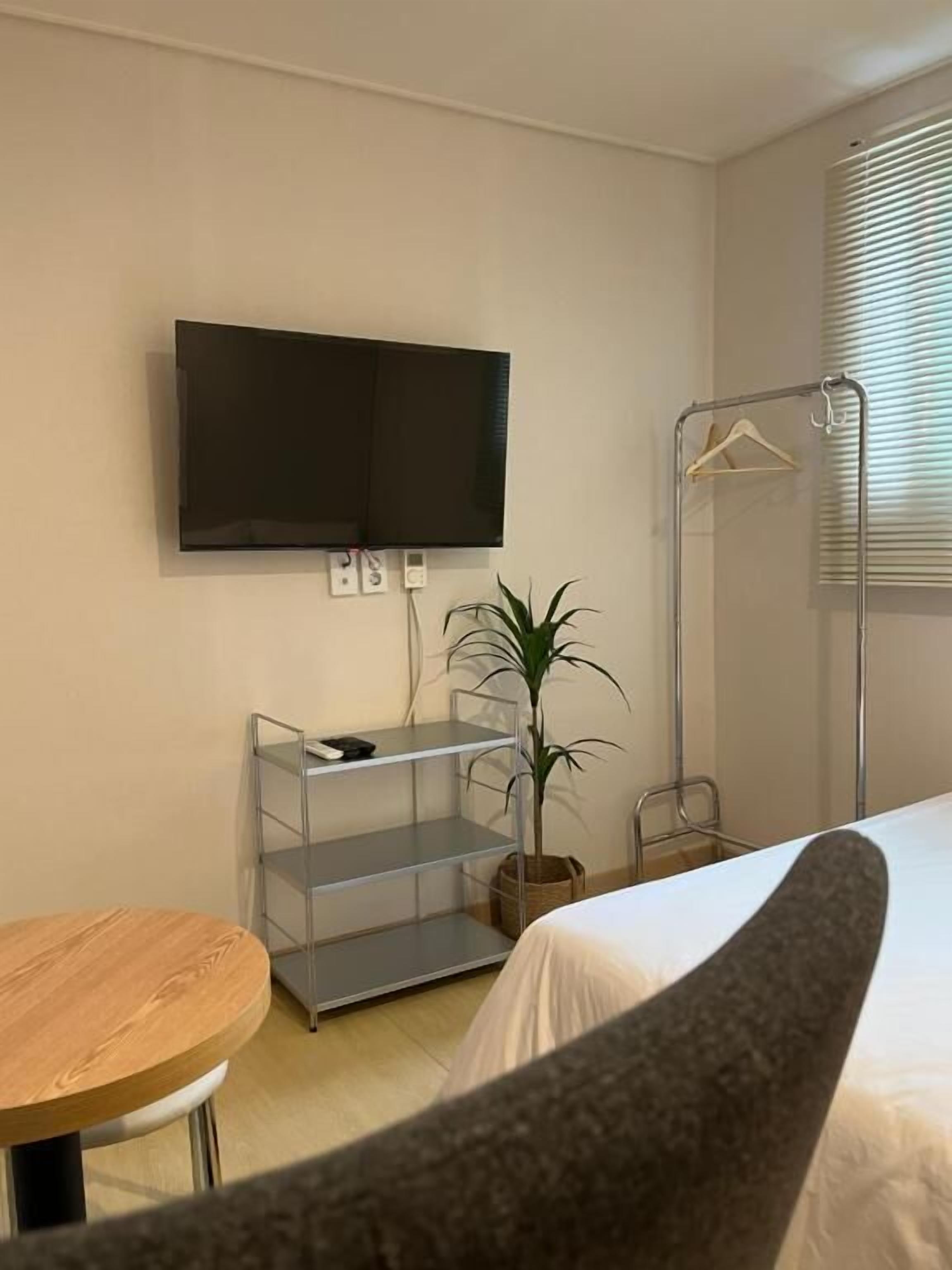 A hotel room with a bed, a TV mounted on the wall, a small table, a plant, and a clothes rack.