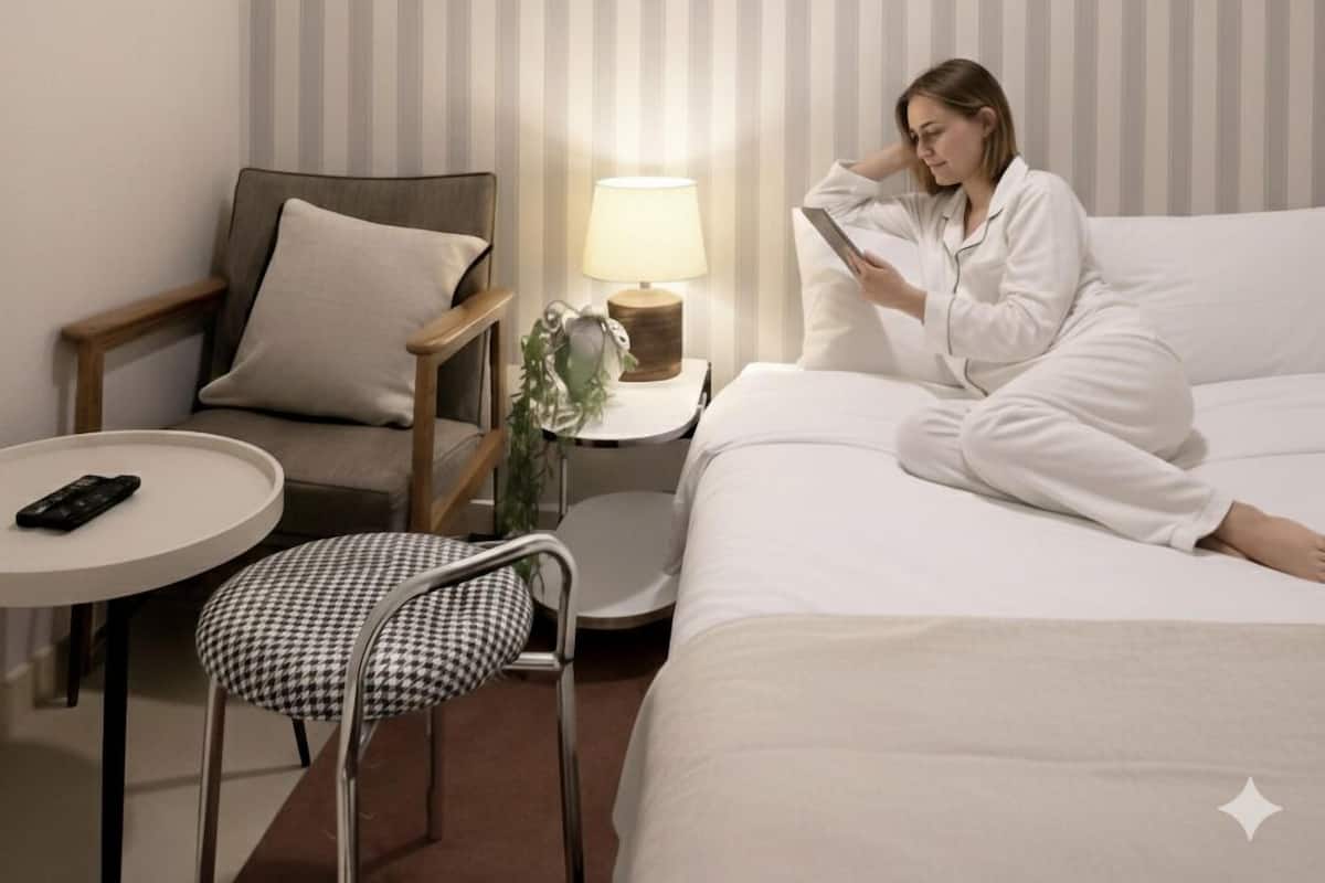 Une chambre d’hôtel avec un lit, une chaise, une petite table et une lampe.