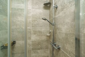 Une douche équipée d’un pommeau de douche à main et d’un pommeau de douche fixé au mur, tous deux en métal.