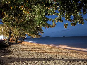 A beach with a tree providing shade, a sandy shore, and a calm sea in the background. - Perfect escape right at the beach with restaurants and cafes at your doorstep. (Trinity Beach)