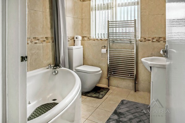 Hair dryer, towels, soap, toilet paper