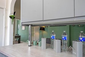 Un coin cuisine comprenant un plan de travail, une plante suspendue, une lampe et des bouteilles dâeau.