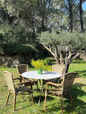 Outdoor dining - Mazet Carcarie, vacation home Provence, secluded location, stone house, nature, garden, dog (Montaren-et-Saint-Médiers)