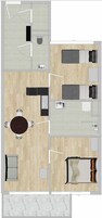 Distribución de un hotel con comedor central, varias habitaciones, un baño y una cocina.