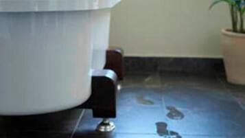 Een badkamer met een vrijstaand bad, een raam en een potplant.