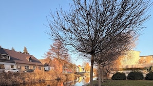 Eine Terrasse mit Tisch und Blumen in einer Vase, mit Blick auf einen Fluss und Häuser.