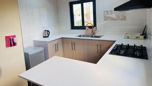 Una cocina moderna con estufa a gas integrada, un lavamanos y armarios de madera.