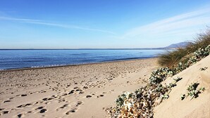 En sandstrand med fotspår och gles vegetation.