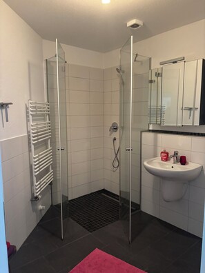 Douche, sèche-cheveux, serviettes fournies, savon