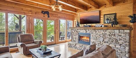 Chalet rustique, 4 chambres | Aire de séjour | Téléviseur connecté