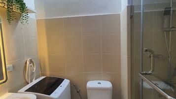 Hair dryer, towels, soap, toilet paper