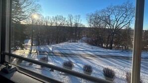 Vista desde una ventana a un paisaje nevado con árboles desnudos y cielo despejado.