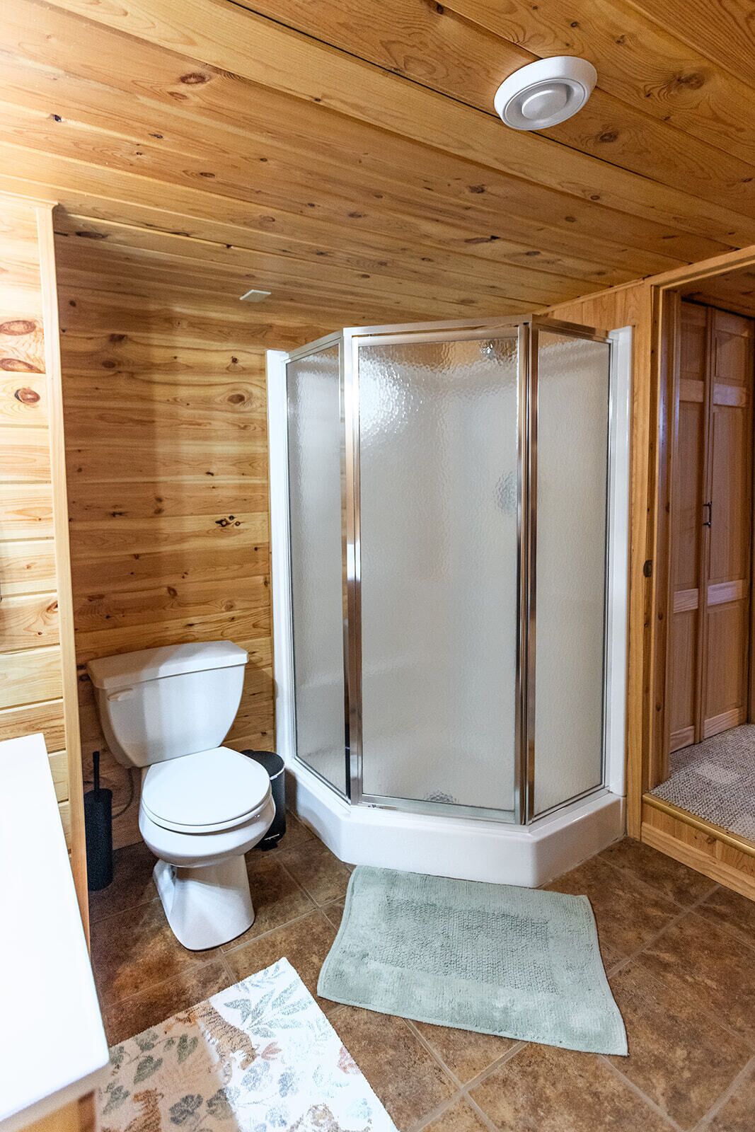 A wooden cabin bathroom with a glass shower enclosure, a toilet, and a rug on the floor.