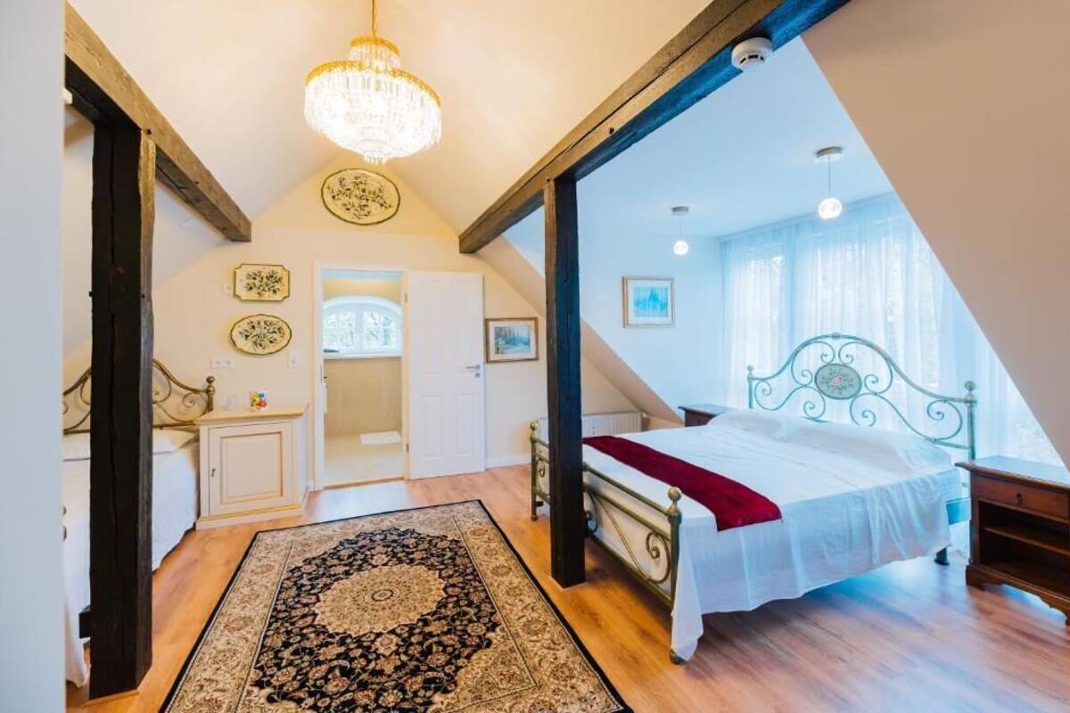 Une chambre à coucher avec un lit, un lustre, un plafond en bois et une vue sur l’extérieur.