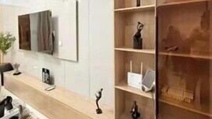 Un soggiorno moderno dal design minimalista, con un tavolino in legno, un divano e una grande libreria piena di oggetti decorativi.