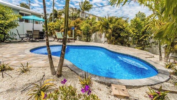 Une piscine dotée d’une plage carrelée, entourée de palmiers et de différentes espèces de plantes.