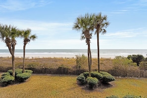 A beach view with palm trees and a fence. - Direct Oceanfront Condo w/ Balcony (Myrtle Beach)