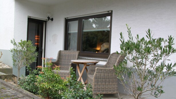 A patio with wicker furniture, a small table, and a window overlooking a garden. - Altstrimmig Shine (Altstrimmig)