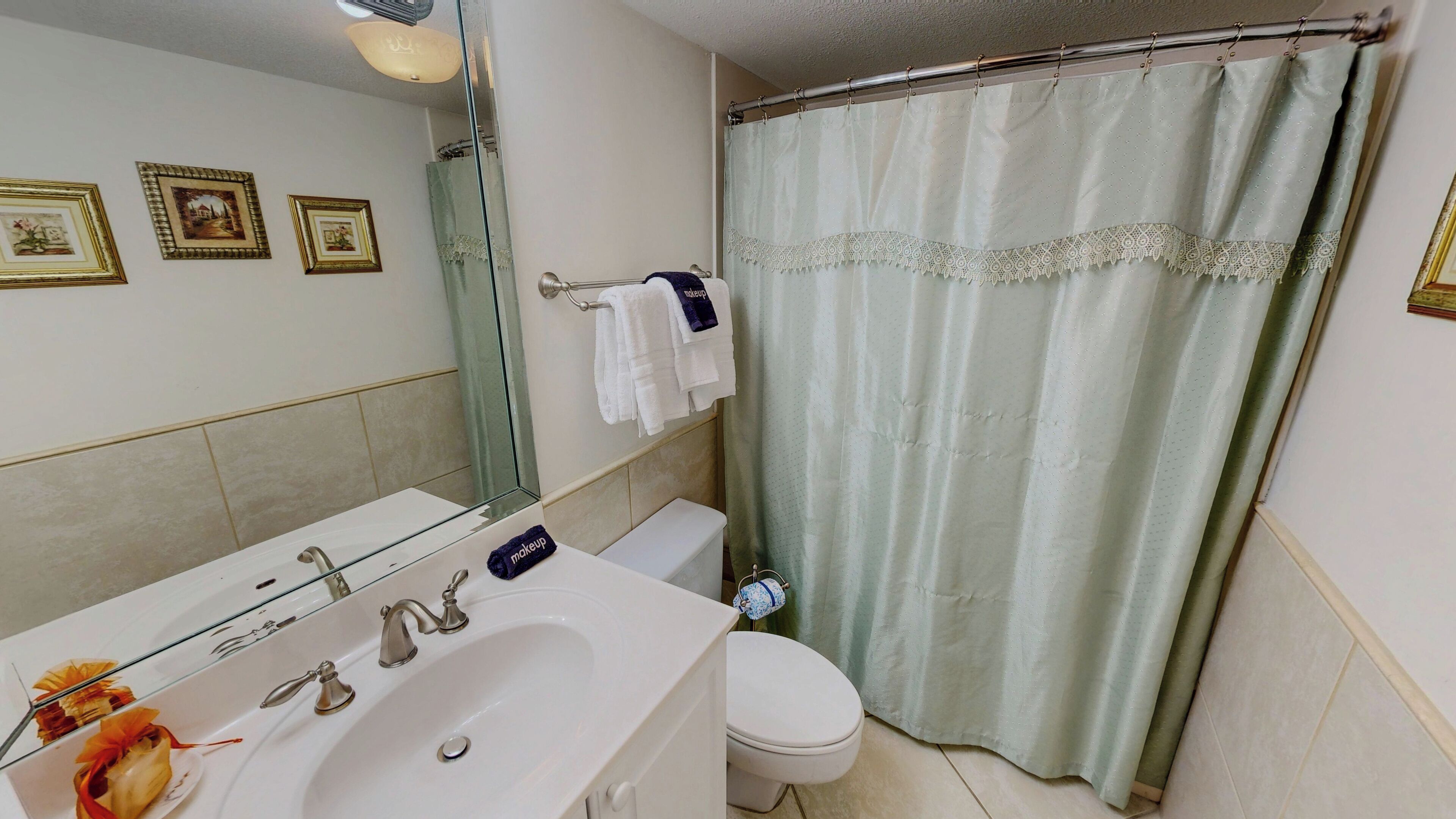 A bathroom with a white sink, a mirror, a toilet, and a shower curtain.