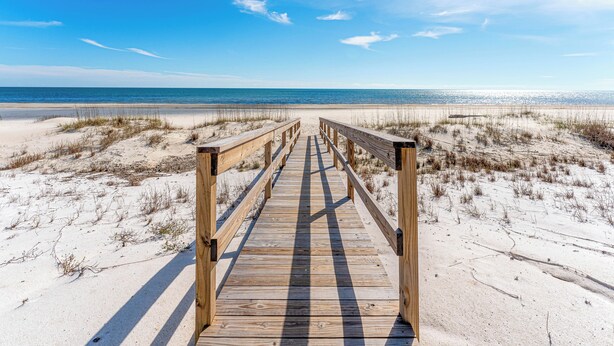 Une promenade en bois menant à une plage de sable où la végétation est clairsemée.