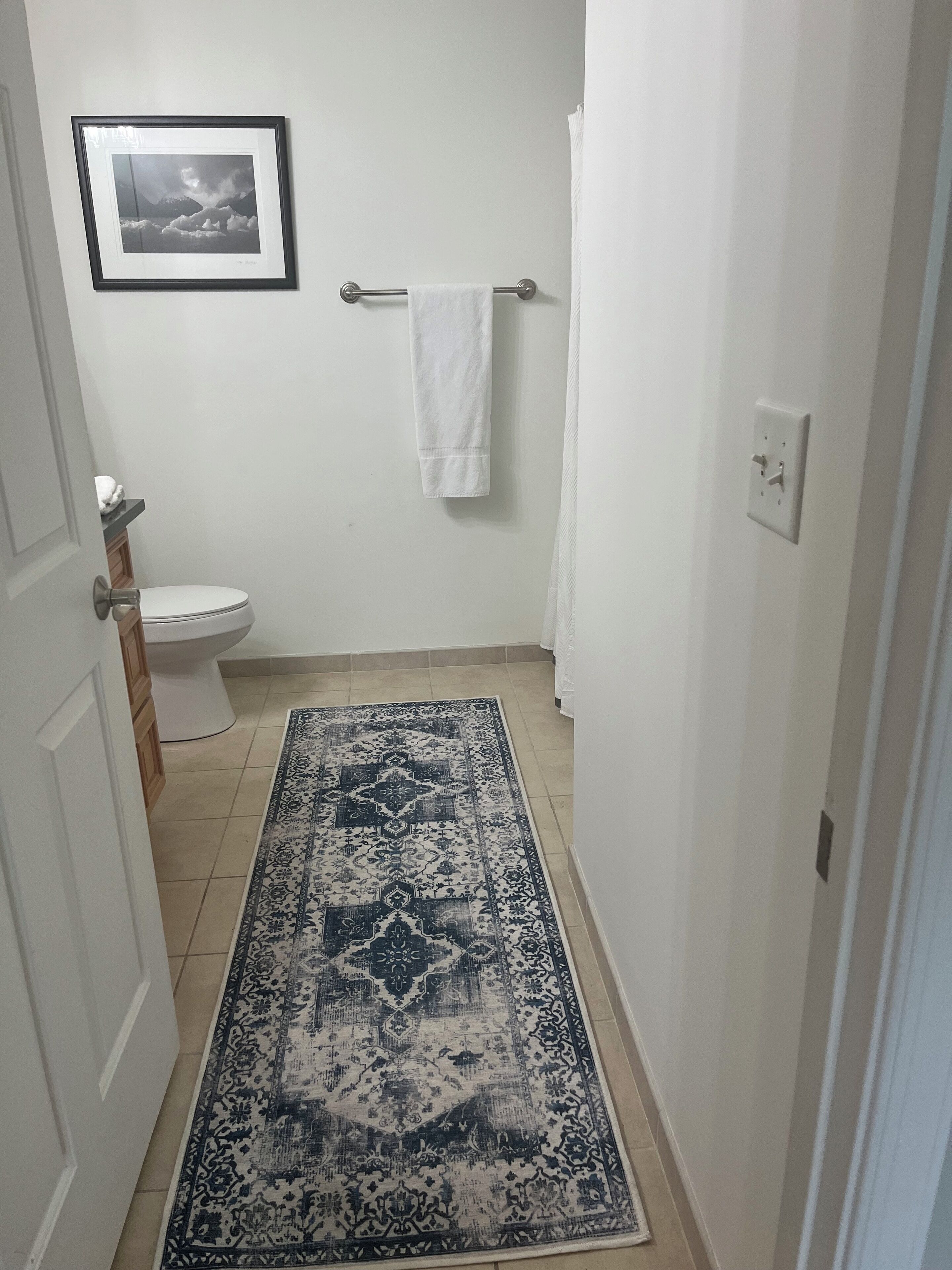 A bathroom with a toilet, a towel rack, a framed picture on the wall, and a patterned rug on the floor.