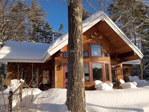 Een houten chalet met schuin dak, grote ramen en een schoorsteen.