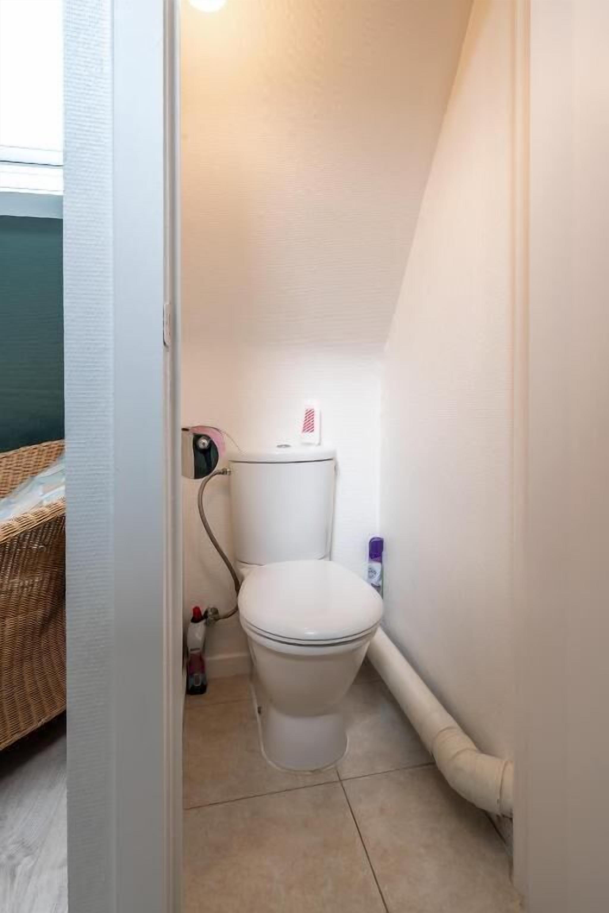 Une petite salle de bain compacte comprenant des toilettes, un bidet et un porte-rouleau de papier toilette.