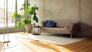 Een moderne woonkamer met een beige bank, een klein bijzettafeltje, een potplant en een groot raam.