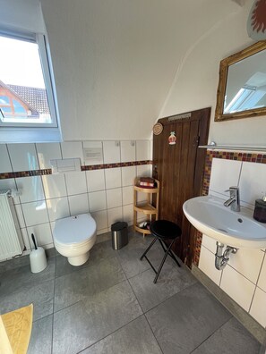 Douche, sèche-cheveux, serviettes fournies, savon