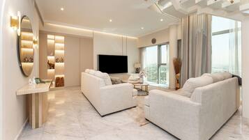 Alloggio Luxury su due livelli, 1 letto king, non fumatori, vista città | Area soggiorno