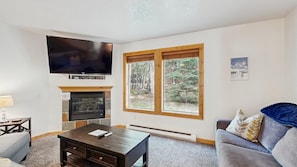 A living room with a TV, fireplace, and large windows.