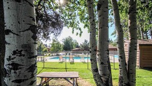 Ein Garten mit Schwimmbad, Picknicktisch und Birken.