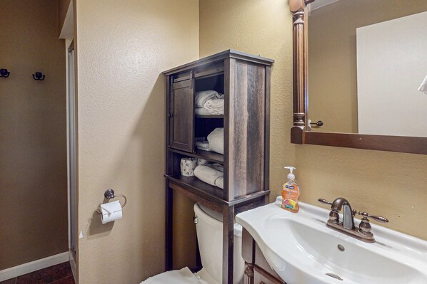 Shower, hair dryer, towels, shampoo