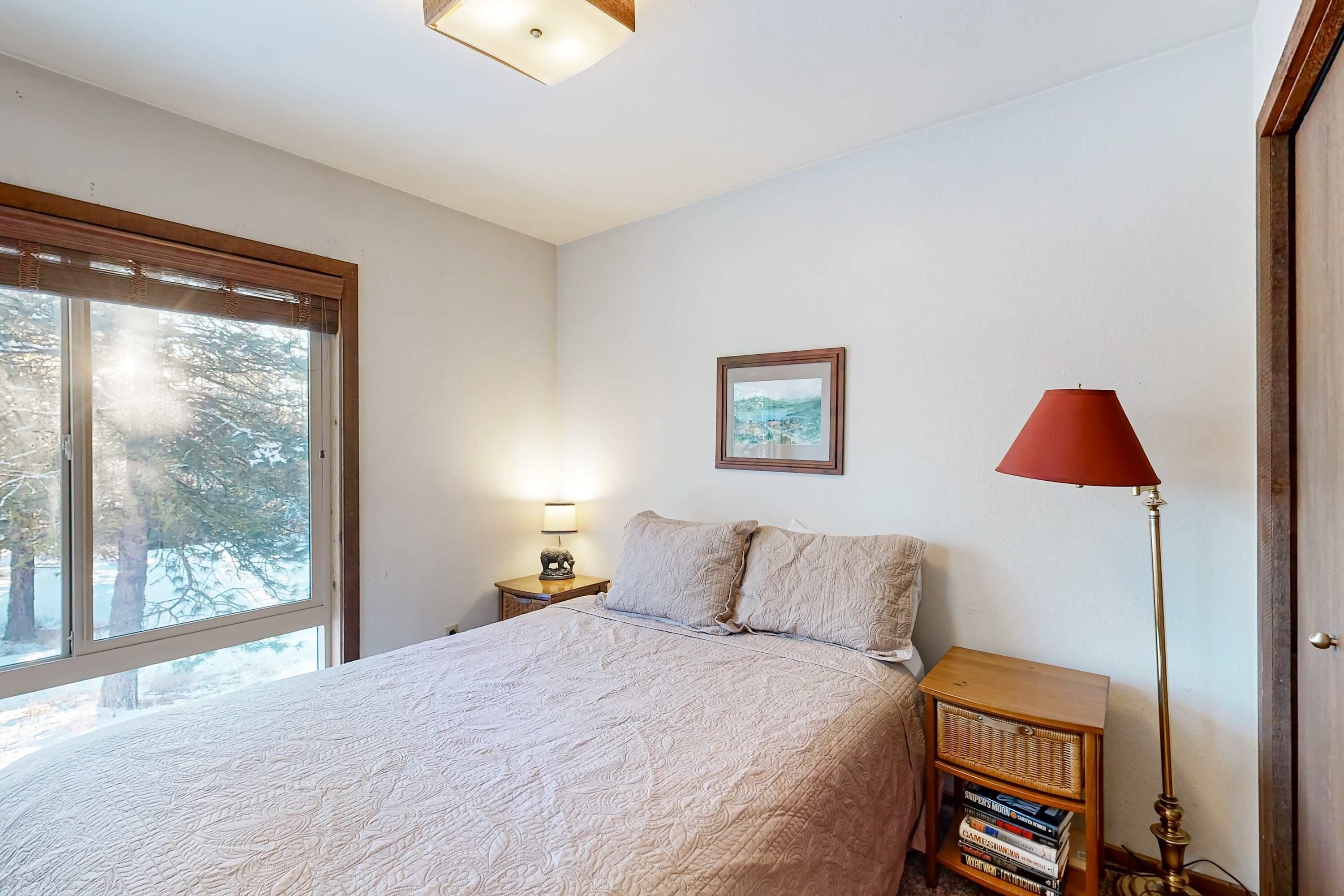 Une chambre avec un grand lit, une table de chevet avec une lampe, un tableau encadré au mur et une fenêtre donnant sur des arbres.