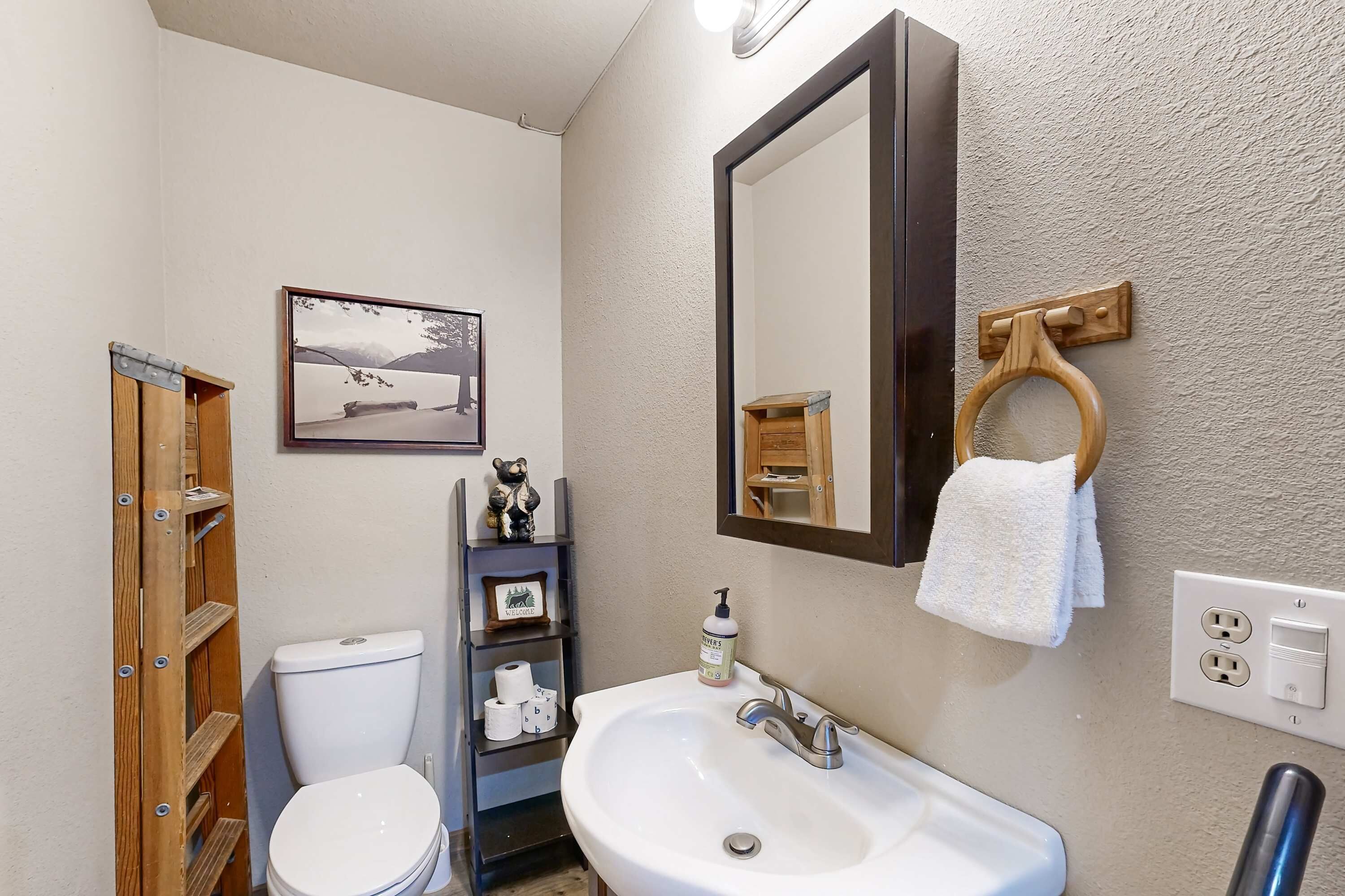 A bathroom with a toilet, sink, and mirror. There is a shelf with toiletries and a framed picture on the wall.