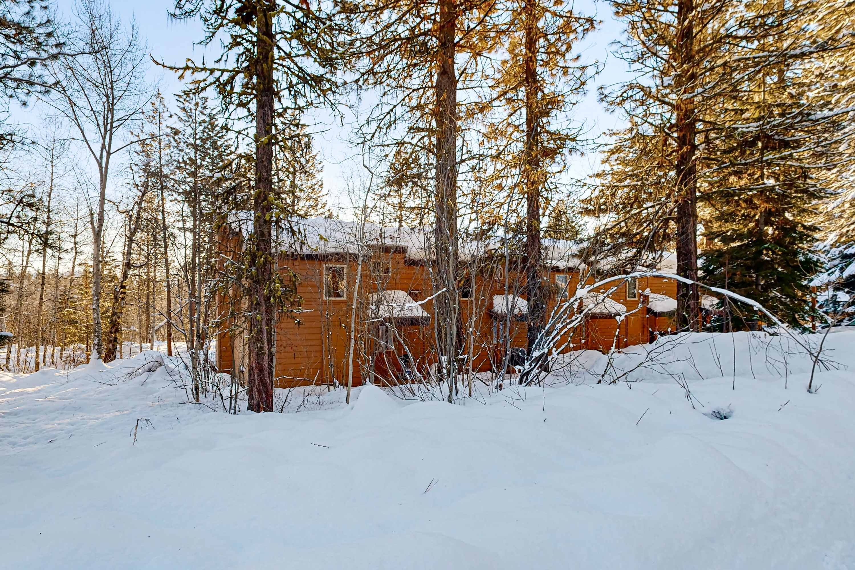 A wooden cabin surrounded by snow-covered ground and trees.