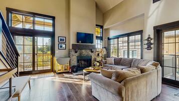 Télévision, cheminée, lecteur de DVD, espaces bureaux