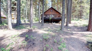 Eine Holzhütte, umgeben von hohen Bäumen in einem Wald.