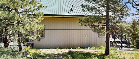 A building with a metal roof, surrounded by trees and a garden area.