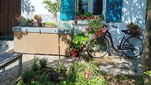 Une maison avec un porche abrité, un vélo et diverses plantes en pot.