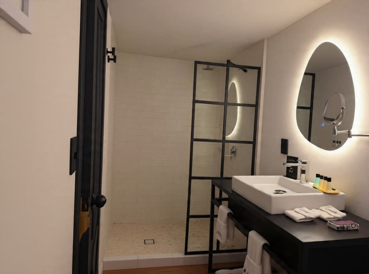 A modern bathroom with a glass shower enclosure, a vanity with a mirror, and a sink.