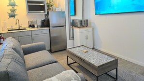 A compact living space with a kitchenette, grey sofa, and a flat-screen TV mounted on the wall. - Sand Dollar 6mi-Pensacola Bch (Gulf Breeze)