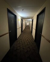 Pasillo de hotel con pisos alfombrados, puertas oscuras y lámparas fijadas a la pared.